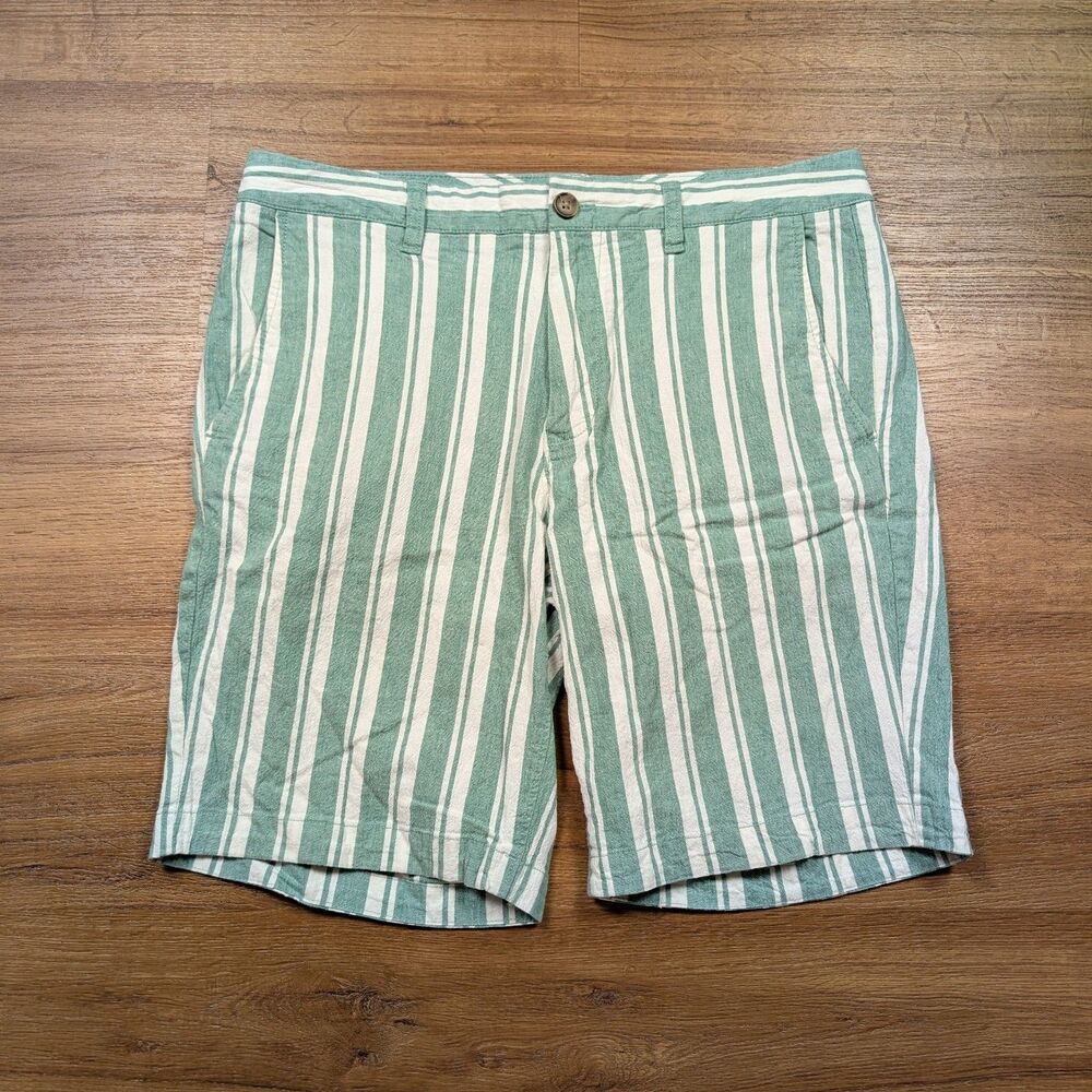 Bonobos Linen Blend Shorts Mens 33 Green White Striped 9" Inseam Vacation